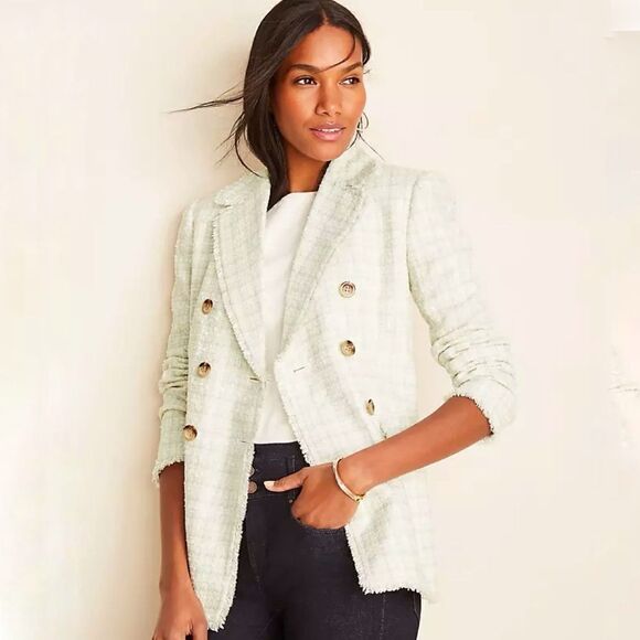 Ann Taylor Sage Fringe Tweed Double Breasted Blazer Jacket - Picture 5 of 6